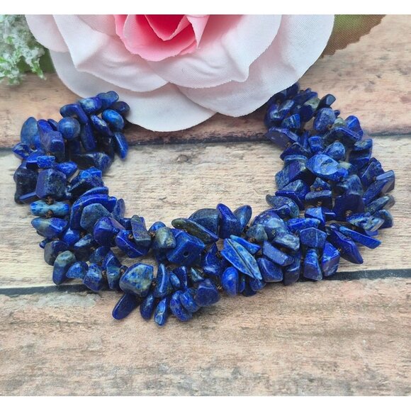 Muti Strand Natural Blue Lapis Chip Stone Bracelet Boho Hippie Nature Lover - Picture 1 of 9